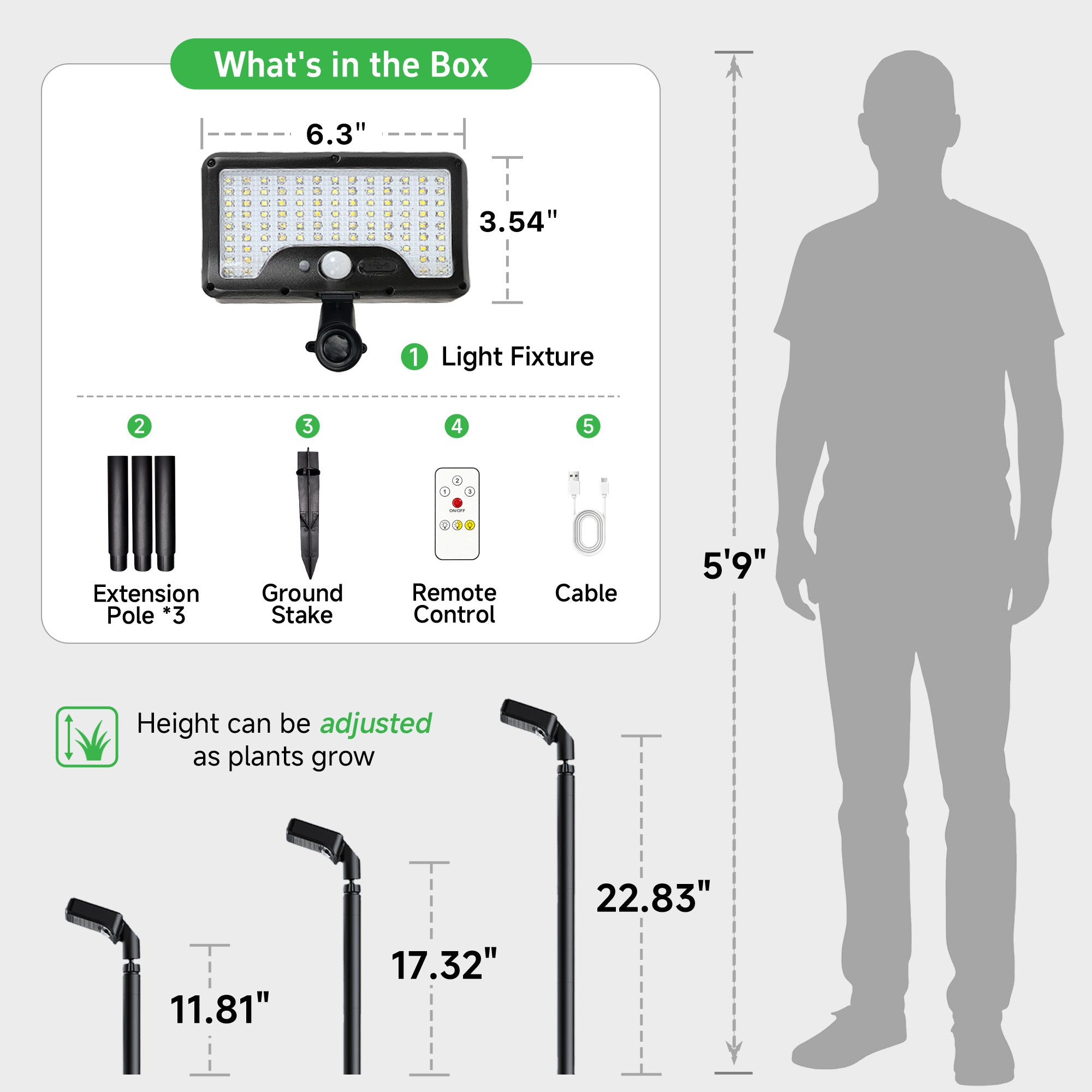 Varmtalys solar path light dimensions and components display showing adjustable pole height and complete accessory package