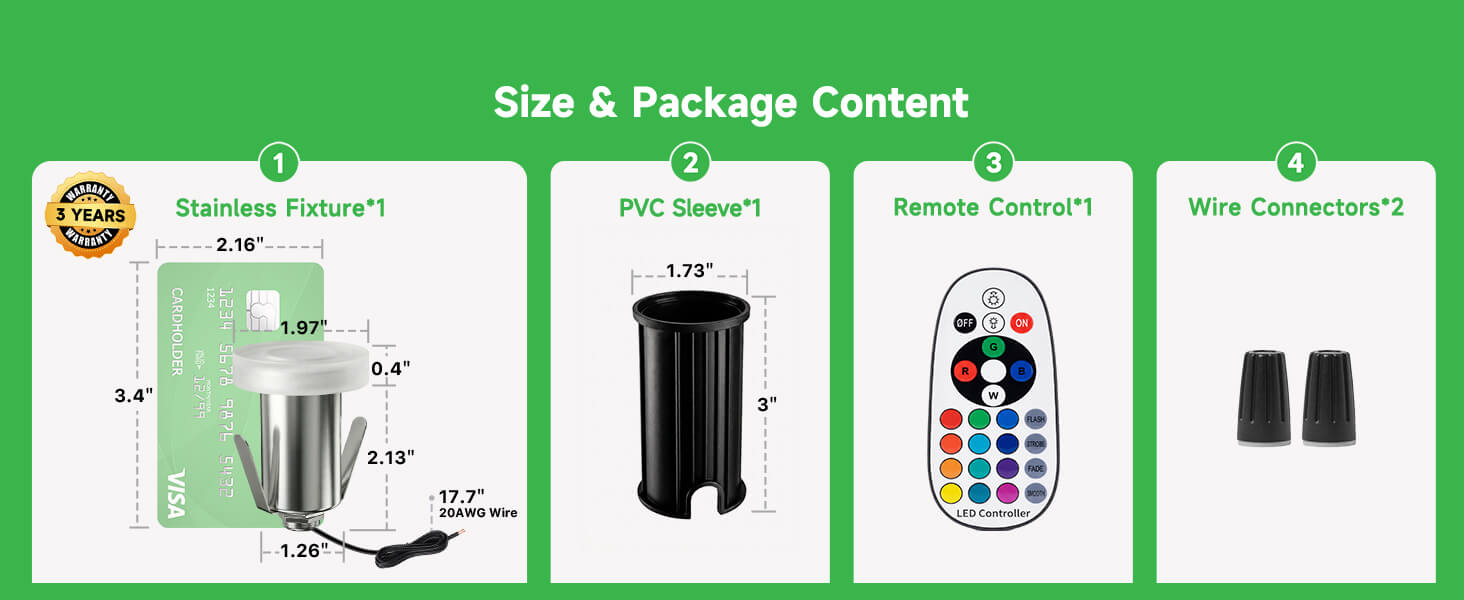 Product dimensions and included accessories listing 6 lights connectors PVC sleeves remote control and instruction manual