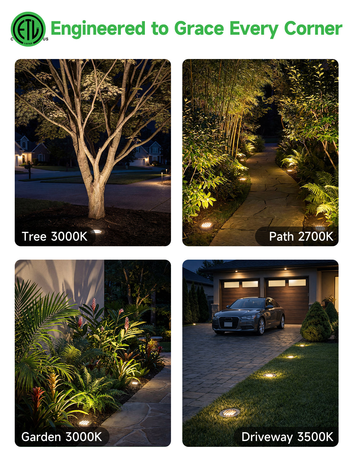 Application scene showing Varmtalys LED well lights installed along walkway creating soft upward landscape lighting