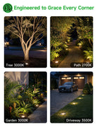 Application scene showing Varmtalys LED well lights installed along walkway creating soft upward landscape lighting