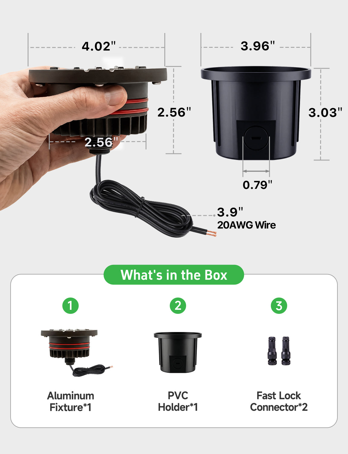 Dimension diagram displaying Varmtalys 4-inch well light with 1.58 by 1.58 by 1.38 inches size specifications