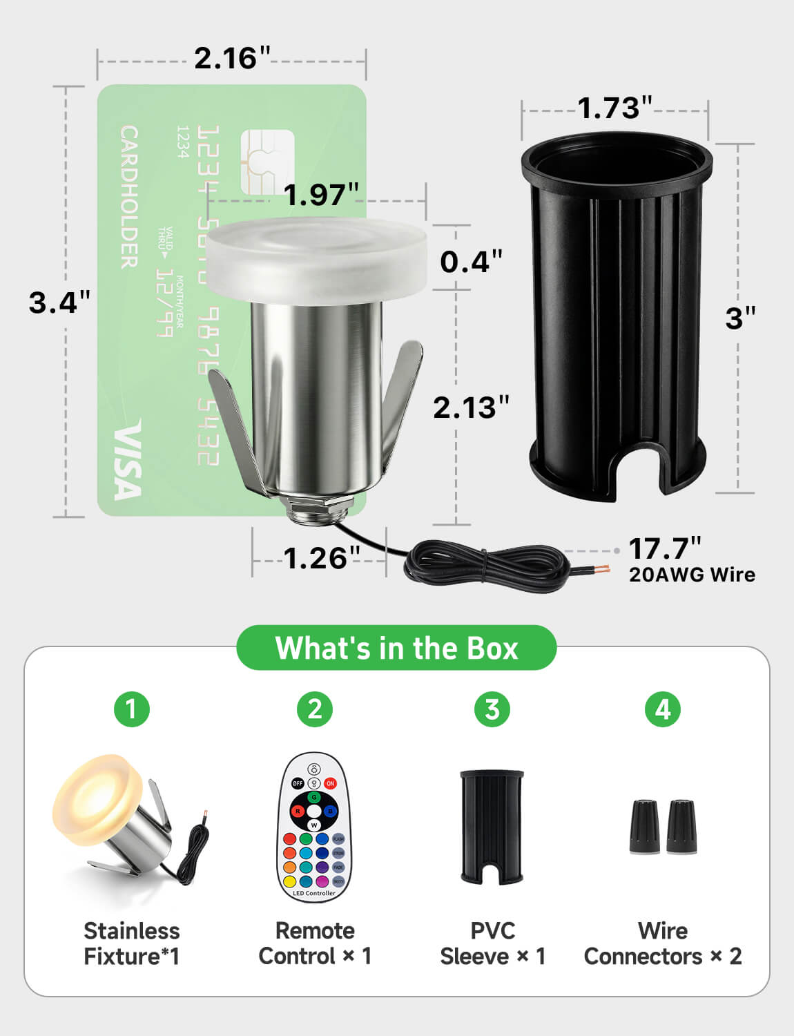 LED well light dimensions 1.97L x 1.26W x 2.53H inches with included connectors PVC sleeves and remote control for easy installation