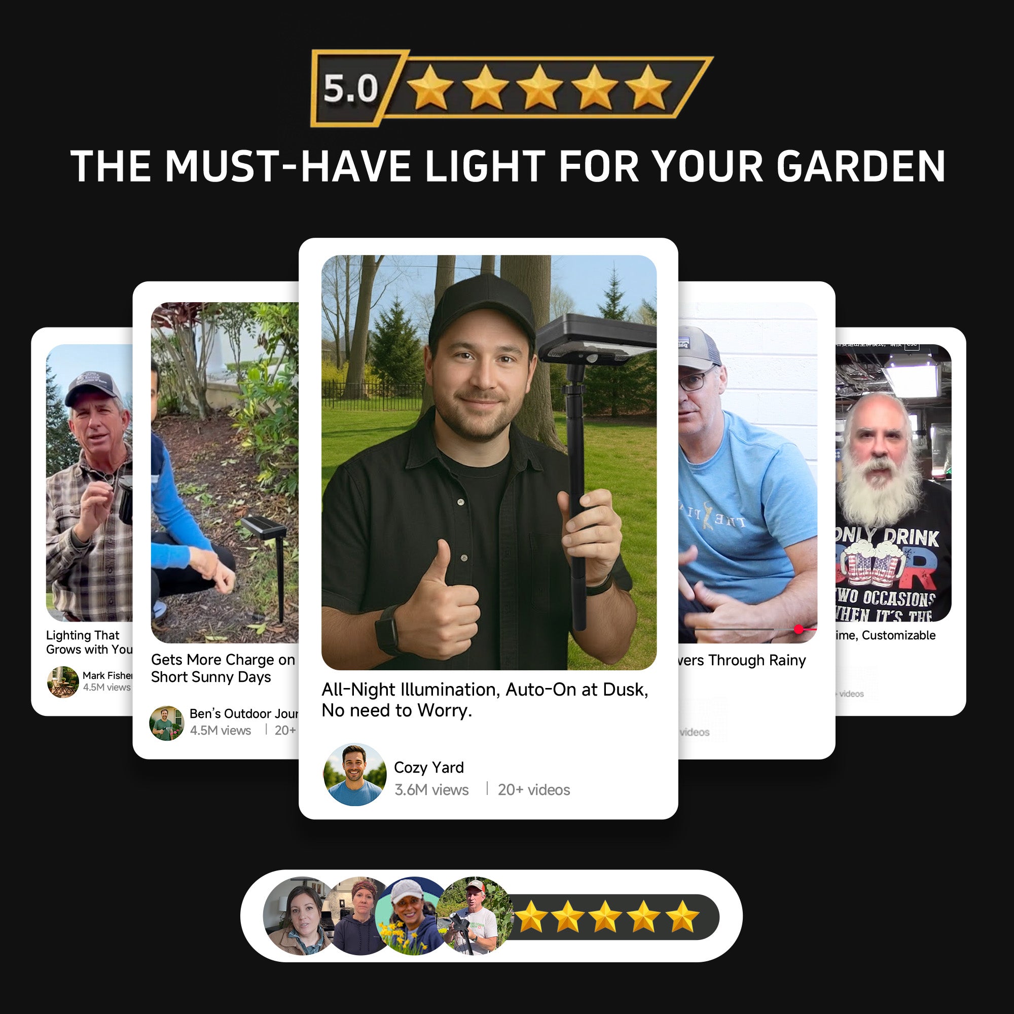 Influencer demonstrating Varmtalys solar pathway light in real garden setting showing easy installation and motion sensor functionality