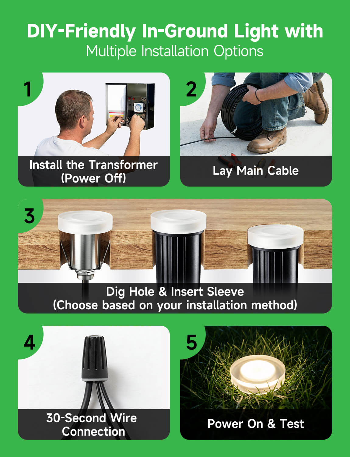 In-ground well light installation diagram showing flush mount setup for decks pathways and outdoor surfaces with 12V low voltage system
