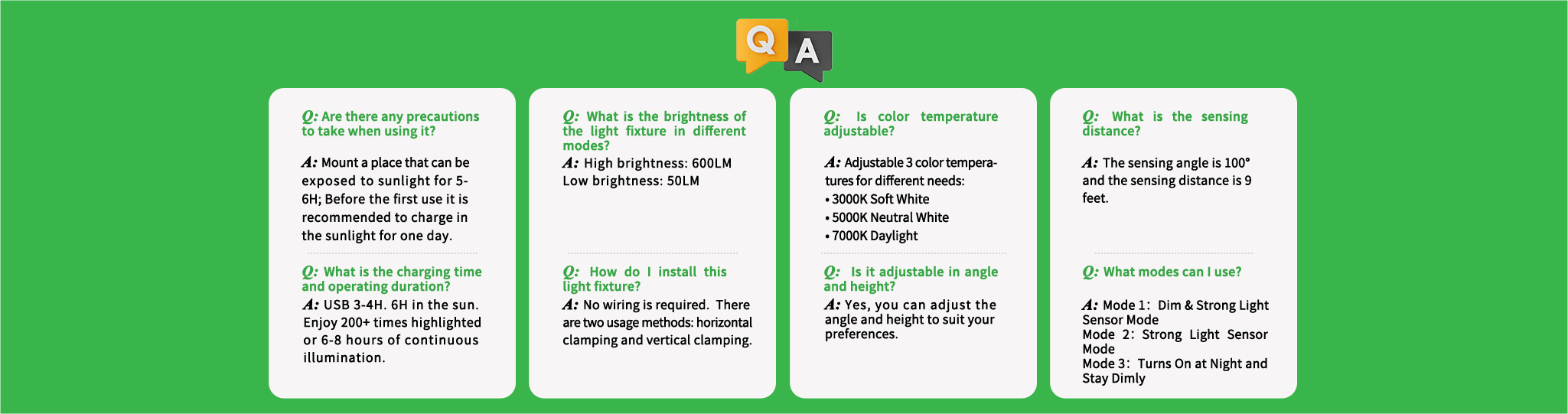 Solar flood light Q&A: sun placement, 600-lm high, adjustable CCT, USB charging, no wiring, multi modes, all-night.