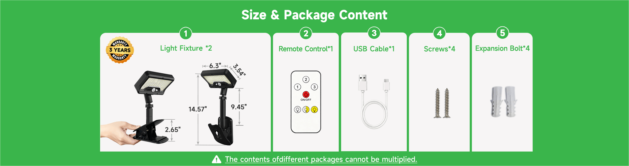 Solar flood light size and package contents: 2 light fixtures with clamps, remote, USB cable, screws, and expansion bolts.
