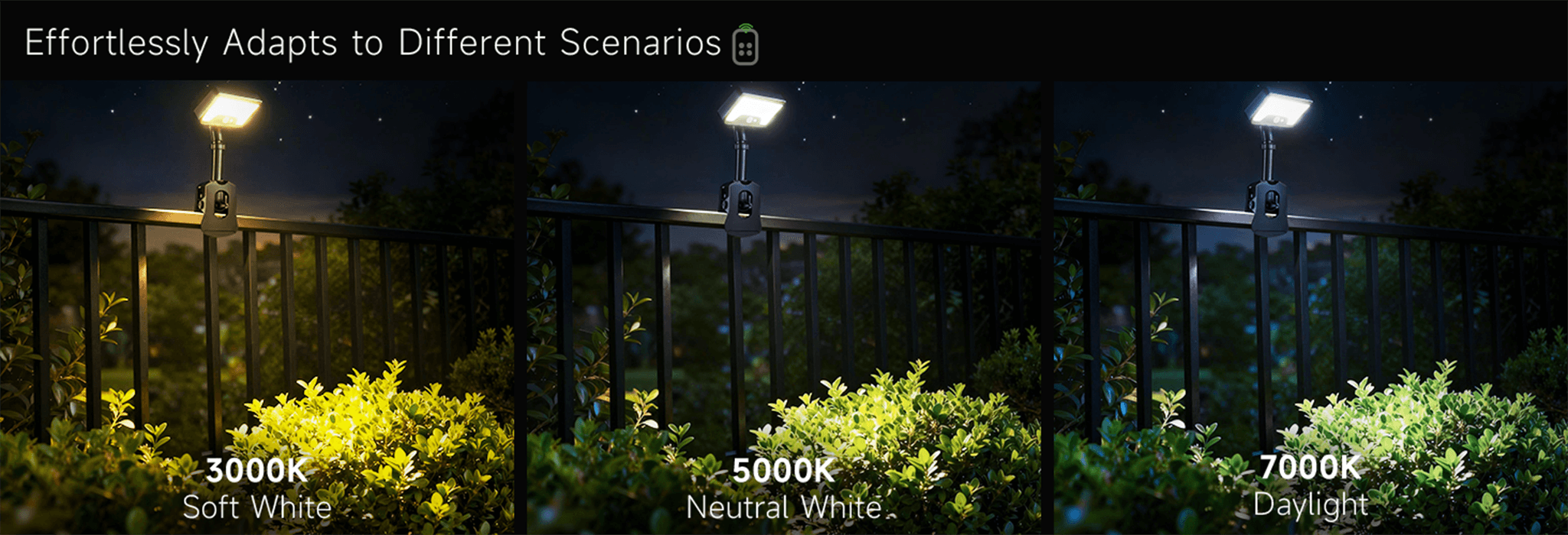 Solar flood light on a fence shown in three color temperatures—3000K soft white, 5000K neutral, 7000K daylight.