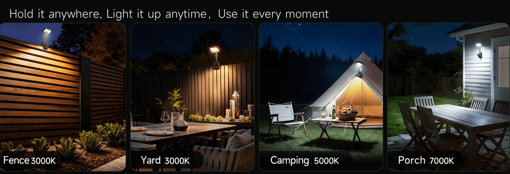 Solar flood light shown across four scenes—fence, yard, camping, and porch—color temperatures from 3000K to 7000K.