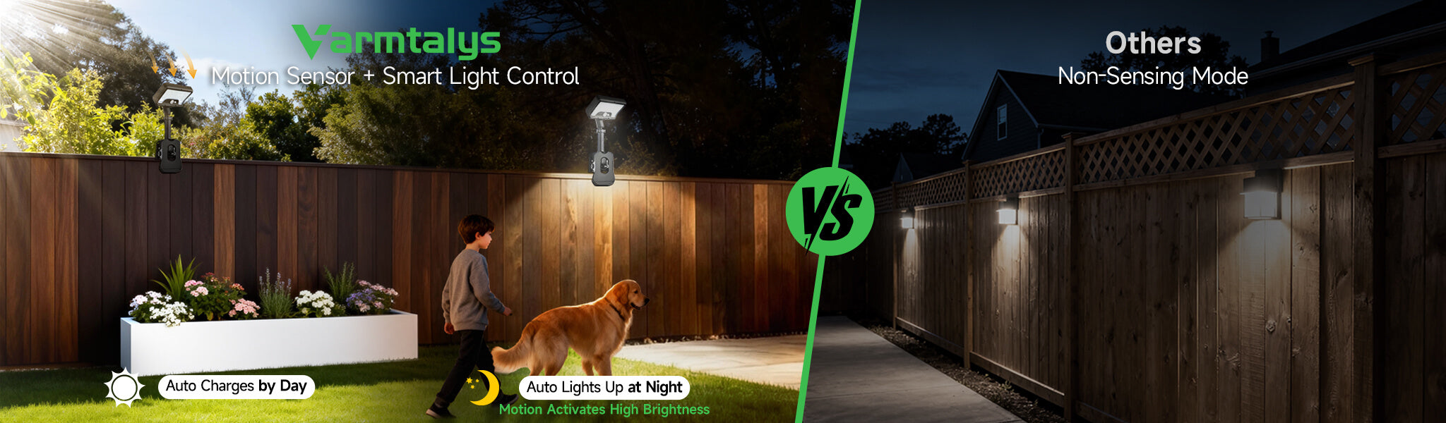 Solar flood light with motion sensor and smart control on a fence, charges by day and brightens at night; vs non-sensing models.