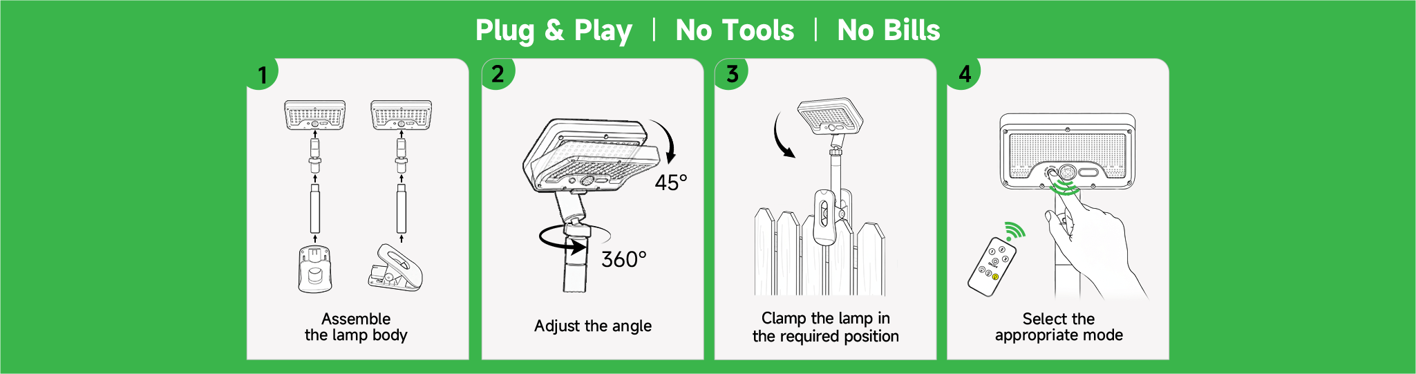 Solar flood light guide: assemble lamp, adjust 45°/360°, clamp to fence, then select the lighting mode via button or remote.