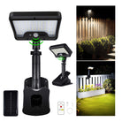 Solar flood light set with adjustable head, motion sensor, panel, base or clamp mount, remote and USB, shown on fence and garden.