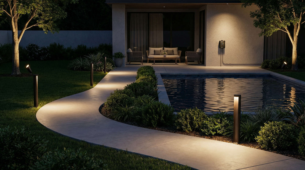 Backyard pool area with low voltage path lights outlining walkways and landscaping for safe nighttime navigation.