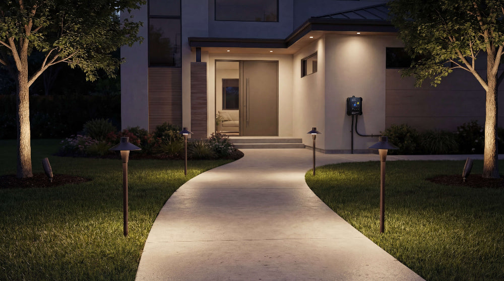 Modern residential walkway lit with low voltage path lights and accent lighting around trees and planting beds at night.