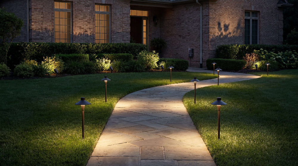 Curved front walkway illuminated by evenly spaced low voltage path lights leading to a residential home at night.