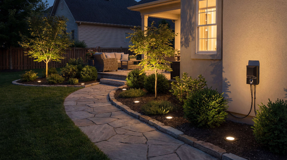 Low voltage in-ground well lights installed along a curved front yard pathway, illuminating trees and landscaping with warm upward lighting.