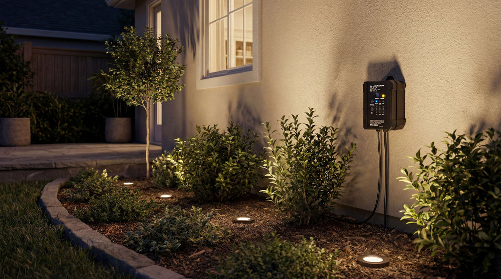 In-ground well lights illuminating shrubs along a house wall with a mounted low voltage transformer, demonstrating a complete landscape lighting system.