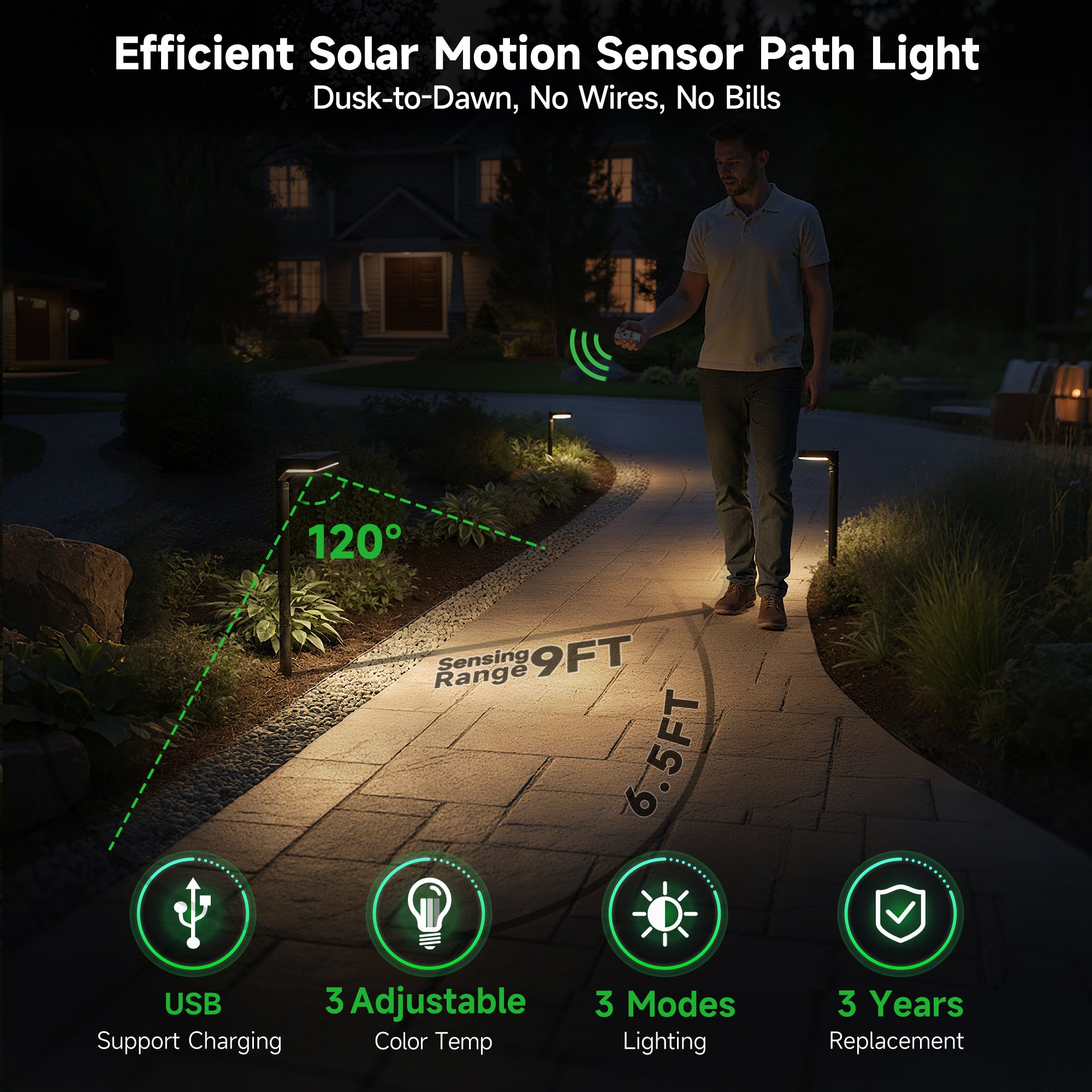 Varmtalys solar pathway light core features highlighting motion sensor 3 color temps dual charging IP65 waterproof and 3-year warranty