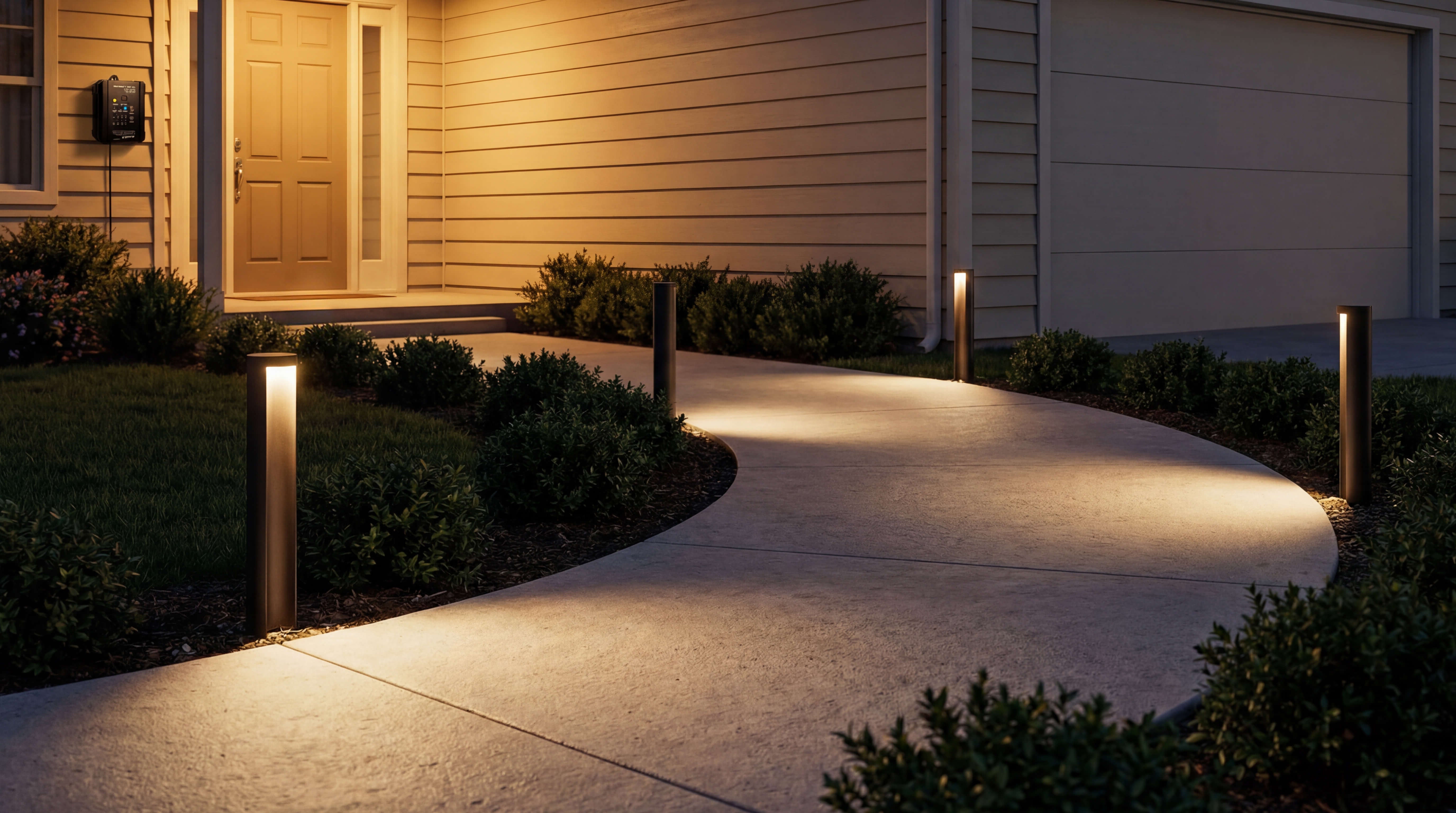 Modern home entryway with low voltage pathway lights guiding a curved concrete walkway toward the front door at night.