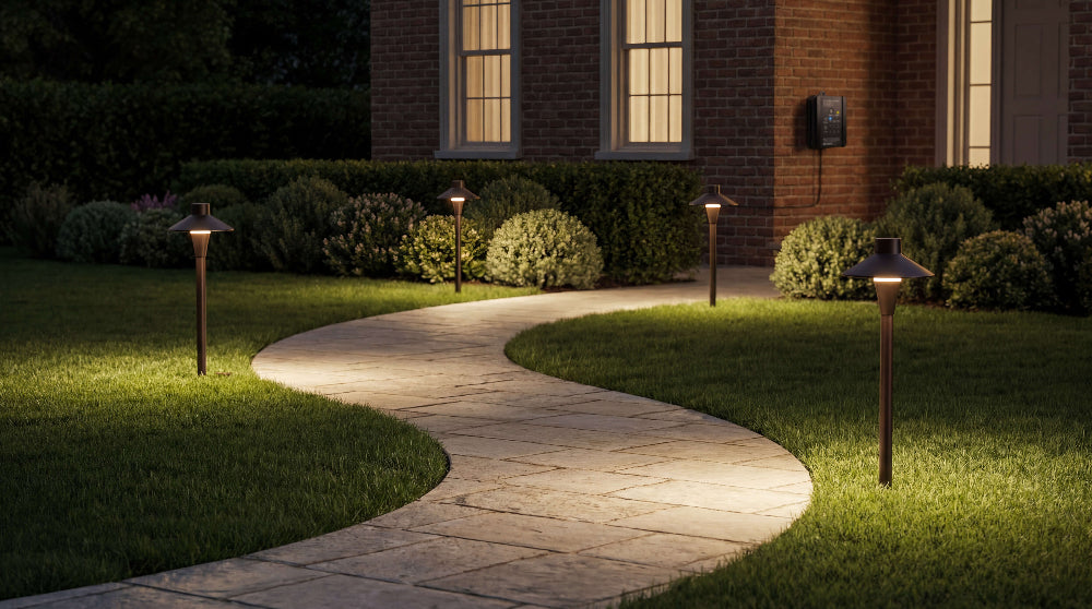 Classic brick home front path illuminated by low voltage path lights creating a warm and inviting nighttime entry.